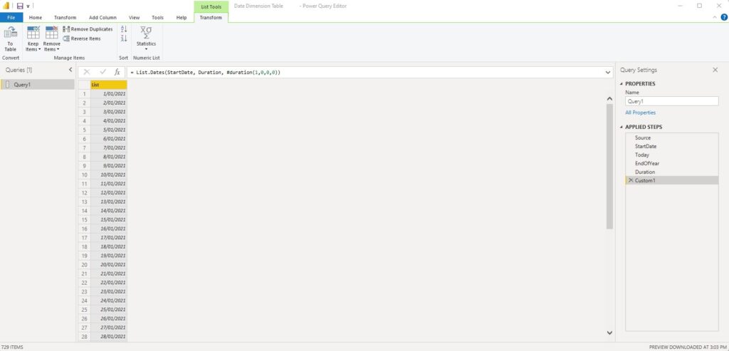 M power query list dates