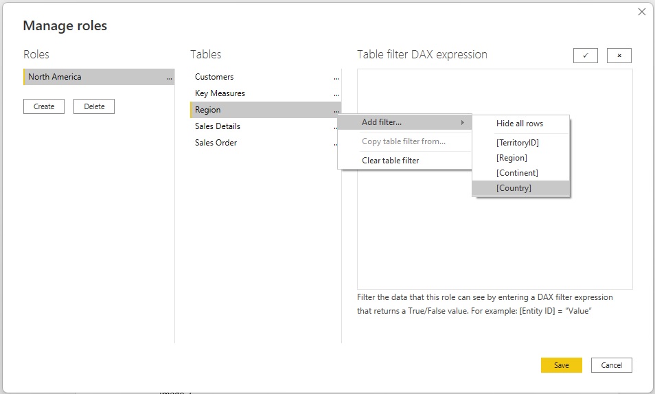 add filter in row level security manage roles