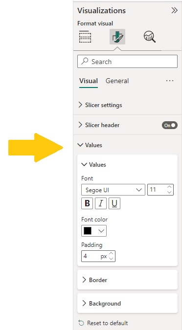 List Slicer Values Settings