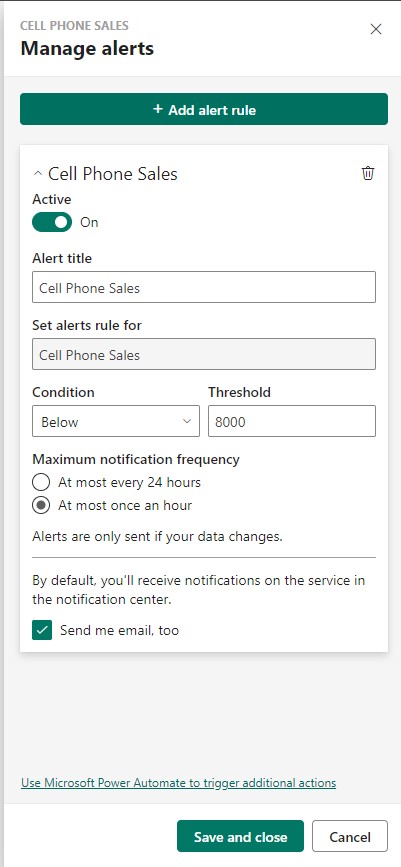 Manage Alerts Power BI send email