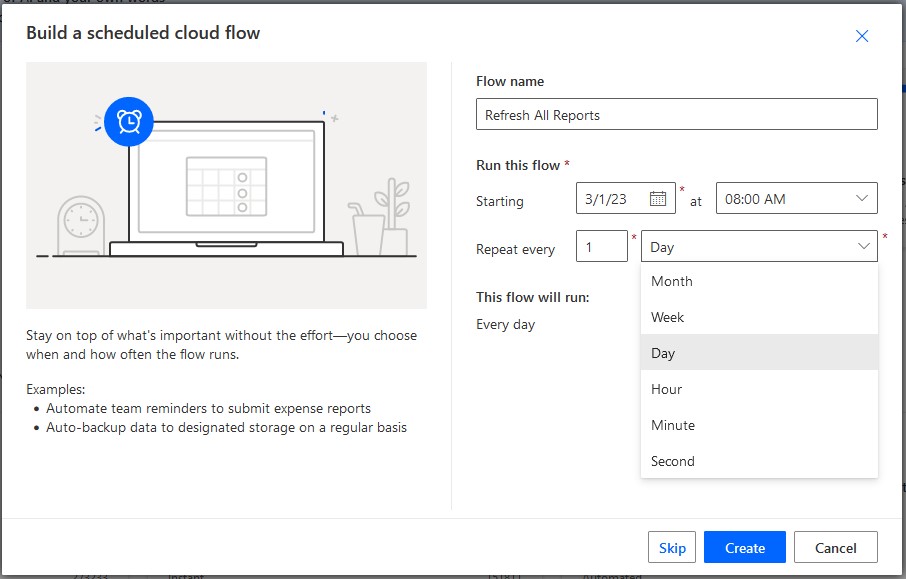 Schedule refresh report flow Power Automate